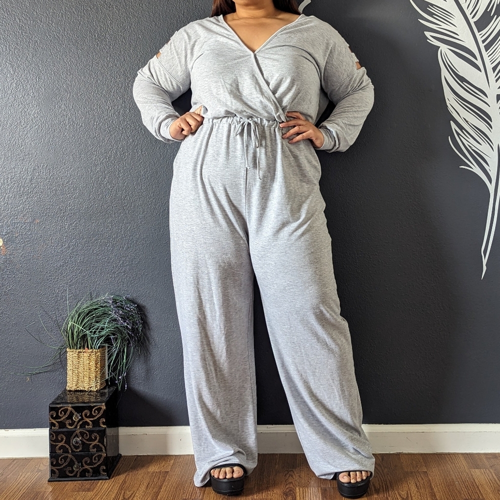 VENUS Light Gray Long Sleeve Wrap Jumpsuit